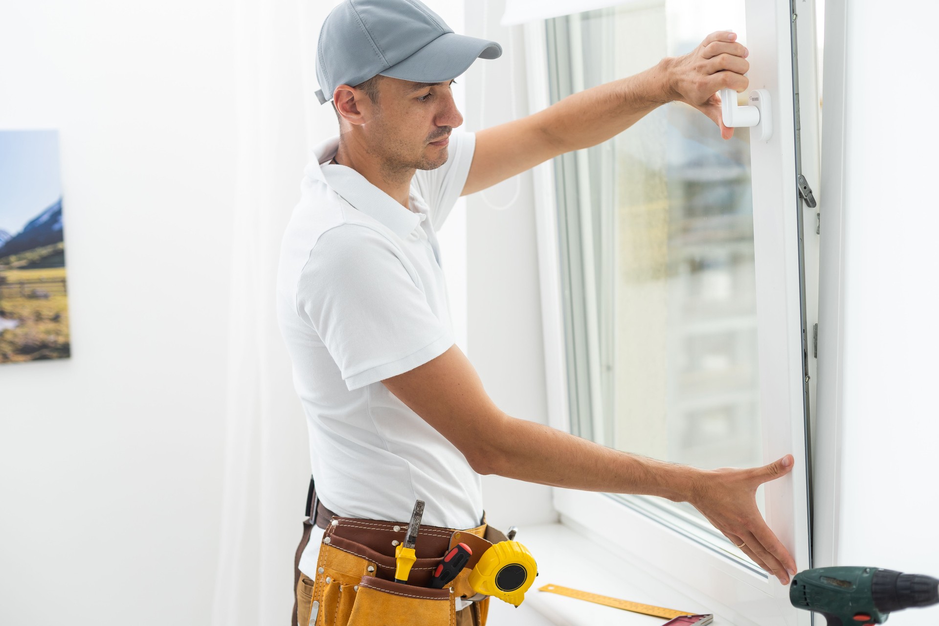 Master's work. Close-up of young handyman setting new windows at the appartment