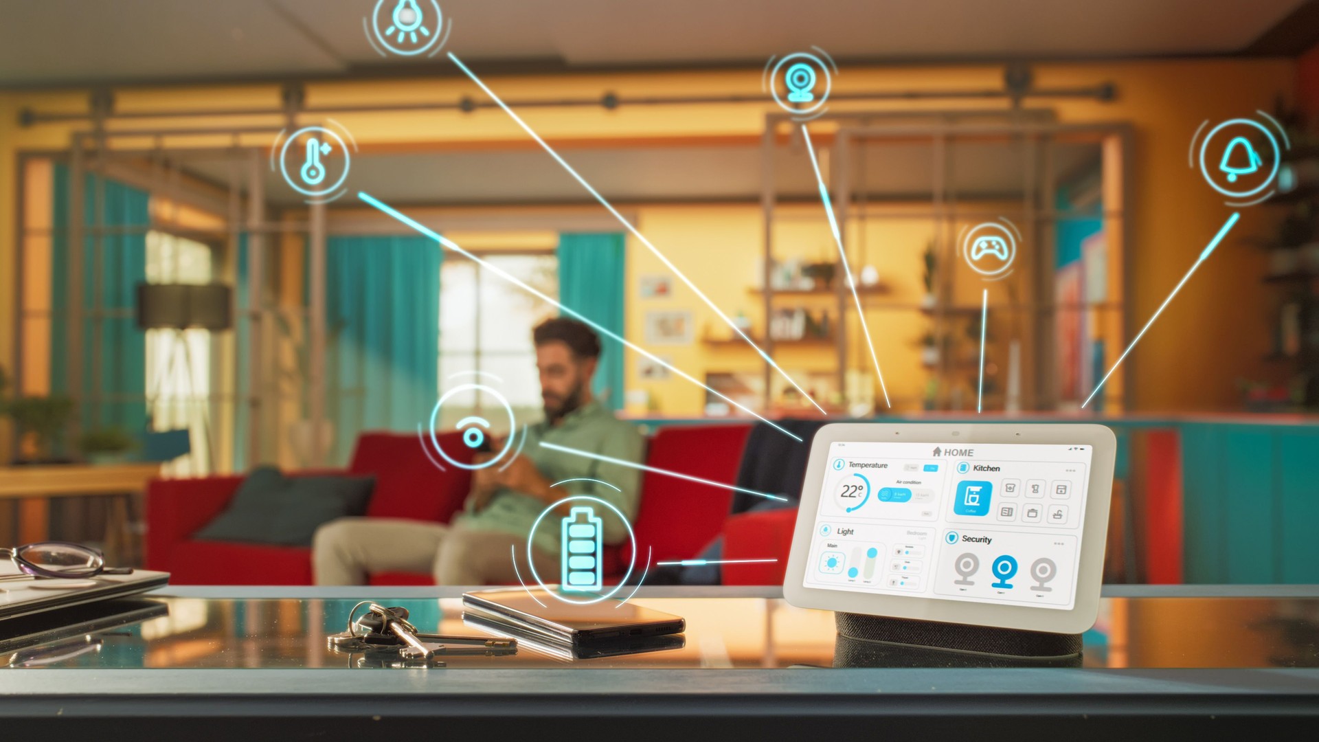 Creative Smart Home Device with Light Theme Infographics Shown on Display with Concept Icons. Person using Smartphone to Control His stylish House. IOT Connected Wireless Intelligent System.