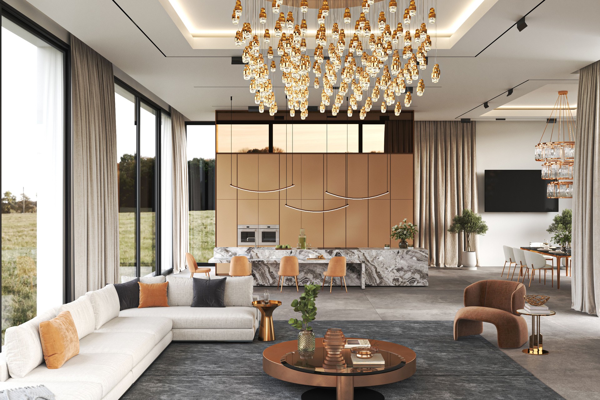 Stylish and modern living room featuring an elegant chandelier and a cozy overall atmosphere, 3d rendering